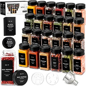 EDELHAUS Glass Spice Jars with Label, Seasoning Set, 24x Black Steel Lids