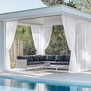 RYB HOME 6 Panels White Outdoor Sheer Curtains for Patio, Waterproof Light Filtering Voile Outside Curtains Rod Pocket Drapes for Front Porch, Gazebo, Pergola, Backyard, 54 x 96 inches