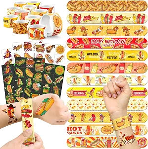 96 PCS Hot Dog Party Favors Set ï¿½ï¿½ï¿½ 72 Pre-Cut Temporary Tattoos & 24 Slap Bracelets for Kids, Perfect for Food-Themed Birthday Parties, BBQ Celebrations & Classroom R