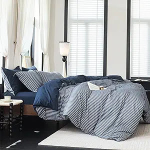 Reversible Duvet Cover Set 100% Washed Cotton Blue Stripe Linen Feel Duvet Cover Queen Size with Zipper Closure & 2 Pillow Shams,Navy/White Stripe Reverse Solid Navy