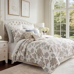 Levtex Home - Selesta Blue Quilt Set - King Quilt and Two King Shams - Floral - Blue Taupe Grey - Quilt (106x92in.) and Shams (20x36in.) - Reversible - Cotton