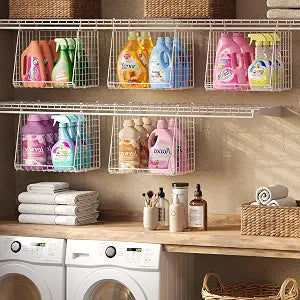 3-Pack Extra-Tall 13.6'' Hanging Laundry Basket Organizer, Foldable Wire Shelf with 360 Rotating Hooks & Reinforced Height - Durable Space-Saving Laundry Room & Closet Organizer, White Patent
