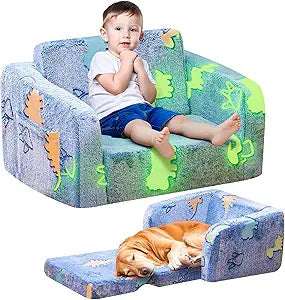 Lamerge 2-in-1 Soft Toddler Couch Fold Out,Foldable Toddler Chair, Glow in The Dark Kids Sofa for playroom,Convertible Foam and Floor Cushion for Boys and Girls (Blue and Dinosaur)
