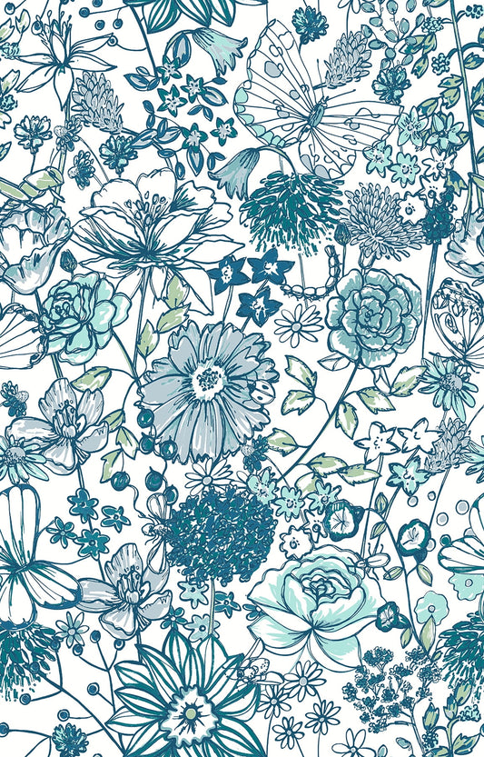 A-Street Prints Daley Blue Line Floral Wallpaper, 20.5-in by 33-ft, 56.38 sq. ft