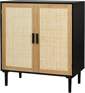 Finnhomy Sideboard Buffet Cabinet, Kitchen Storage Sideboard with Rattan Decorated Doors, Liquor Buffet for Bar, Dining Room, Hallway, Cupboard Console Table, Accent Cabinet, 31.5X 15.8X 34.6 Inches