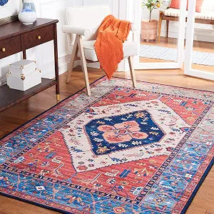 SAFAVIEH Washable Rug Tucson Collection - 3' x 5', Rust & Blue, Slip Resistant & Easy to Clean, Ideal for Foyer, Entryway, Kitchen, Bedroom (TSN133P)