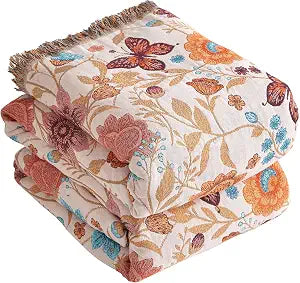 Boho Throw Blanket for Bed 60x80, 100% Cotton Woven Blanket for Couch Sofa, Ultra Soft 4-Layer Muslin Quilt with Floral Printed, Farmhouse Bed Blanket/Cover for Living Room Decor