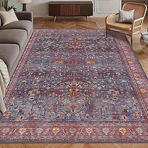 Washable Area Rug 5' x 7' Vintage Traditional Persian Mat - Foldable Distressed Non-Slip Machine Washable Carpet for Living Room Bedroom Kitchen Home Decor - Indigo and Crimson