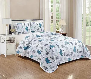 Kids Zone Dinosaurs Quilted Bedspread Set for Boys/Teens Blue Navy Blue Black White Dino Kingdom New (Full/Queen)