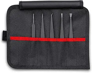 KNIPEX Tools 92 00 05 ESD 5 Pc Plastic Tweezer Set in a Tool Roll-ESD, Silver