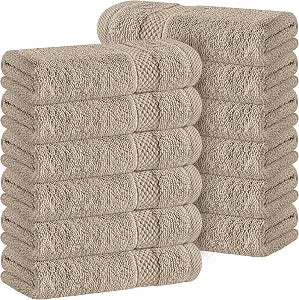 White Classic Luxury Taupe Washcloths 12 Pack - 13x13, 100% Turkish Cotton