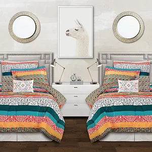 Lush Decor Boho Striped Colorful Pattern Bohemian Style Reversible 5 Piece Comforter Bedding Set-Turquoise/Tangerine, Twin XL, Turquoise & Tangerine