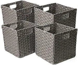 Foldable Synthetic Plastic Wicker Storage Basket with Iron Wire Frame By Blue Ridge Basket Company (Set of 4)