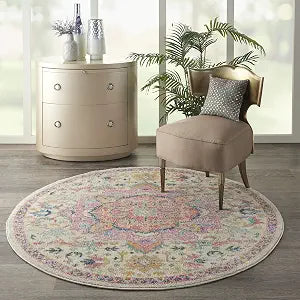 Nourison Home Passion Ivory Pink 4' x Round Area Rug - Easy Clean, Non Shedding, Bed Room, Living Room, Dining Room, Kitchen (4' x Round)