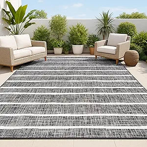 JONATHAN Y Berber Stripe Indoor Outdoor Area Rug 4X6 Black/Ivory, Colonia for Backyard, Patio, Porch, Easy-Cleaning, High Traffic, Pet-Friendly, Non-Shedding (SMB125E-4)