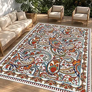 Arenarug Paisley Outdoor Rug Waterproof 6x9, UV Resistant Non Slip Patio Rug, Indoor Outdoor Boho Camping Rug Linen-Look RV Carpet for Deck Balcony Backyard, White Multi