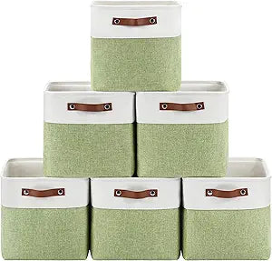 Patvingot 6-Pack Foldable Fabric Storage Cubes 11x11 Inch, Sturdy Cube Organizer Bins with Leather Handles, Storage Baskets for Closet Shelves and Home Organization(White/Green)