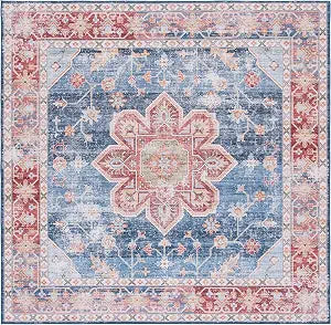 SAFAVIEH Washable Rug Tucson Collection - 4' Square, Blue & Rust, Slip Resistant & Easy to Clean, Ideal for Foyer, Kitchen, Nursery, Office, Bedroom (TSN110M)