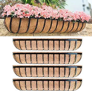 LaLaGreen Wall Hanging Planters (48 Inch, 4 Pack) Long Window Flower Box Planter with Coco Liner, Black Metal Rectangular Outdoor Plants Attach to House Horse Trough Fence Balcony Garden Porch Patio