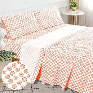 Sleepdown 100% Cotton Queen Size Bed Sheet Set - 4 Pcs, Ultra Soft, Breathable Percale, 16" Deep Pocket, Coral Mandalas