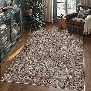 Hugear 5x7 Machine Washable Rugs Tradition Brown Hallway Area Rug Indoor Accent Rug Floral Low Pile Carpet Soft Throw Aesthetic Rug Bedroom Living Room Office Dining Room Kitchen Laundry Room Non Slip