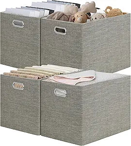 Posprica 15.12"x12.13"x12.01" Storage Cube Bins, Linen Decorative Closet Storage Organizer for IKEA Kallax, 4 Pack Fabric Foldable Large Storage Baskets for Closet, Shelves, Clothes-Coffee