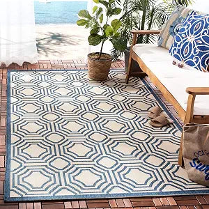 SAFAVIEH Washable Rug Outdoor Courtyard Collection - 2'7" x 5', Beige & Navy, Non-Shedding & Easy Cleaning, Ideal for Patio, Backyard, Mudroom (CY6112-258)