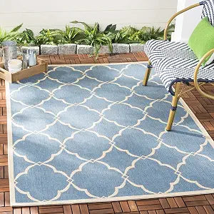 SAFAVIEH Washable Rug Outdoor Beach House Collection - 4' Square, Blue & Cream, Non-Shedding & Easy to Clean, Ideal for Patio, Backyard, Mudroom (BHS125M)