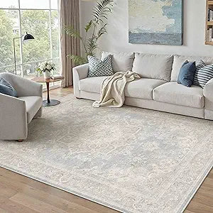 PureCozy Blue 5x7 Area Rug for Living Room Washable Vintage Carpet Non Slip Low Pile Indoor Bedroom Soft Retro Oriental Medallion Accent Throw Large Rug for Kitchen Dining Room Office