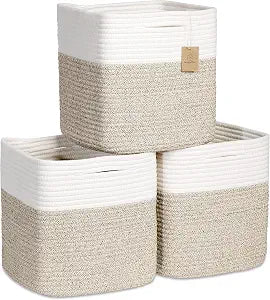 NaturalCozy Storage Cubes 11 Inch Cotton Rope Woven Baskets for Organizing, 3-Pack | Cube Bin Square Shelves Organizer, Classroom, Kids Toy Bins, Closet, Baby Nursery