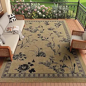 Easy Jute 4x6 Outdoor Patio Rug, Washable Rugs for Entryway Indoor Living Room Carpet, Farmhouse Neutral Non Slip Thin Beige Botanical Sketch Door Carpet for Backyard Bedroom Kitchen