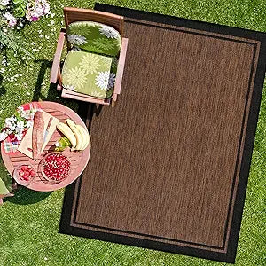 CAMILSON Indoor Outdoor Rug, 5x7 Bordered Nut Brown Black Modern Area Rugs for Indoor and Outdoor Patios, Kitchen and Hallway Mats, Washable Porch Deck Outside Carpet (Bordered Nut Brown Black, 5 x 7)