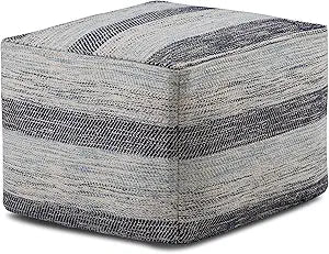 SIMPLIHOME Clay Square Pouf - 18 inch Wide Upholstered Cotton Ottoman in Patterned Blue Melange, Boho Footstool, Decorative Cube Pouf or Extra Seating for Living Room or Bedroom, Assembled