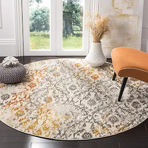 SAFAVIEH Madison Collection 4' Round Cream / Orange MAD608K Boho Chic Distressed Non-Shedding Dining Room Entryway Foyer Living Room Bedroom Area Rug