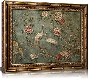 Vintage Gold Framed Heron Canvas Wall Art Nursery Animals Painting Picture Wall Decor Floral Botanical Poster Print Artwork for Living Room Bedroom Study Bathroom Home Decoration