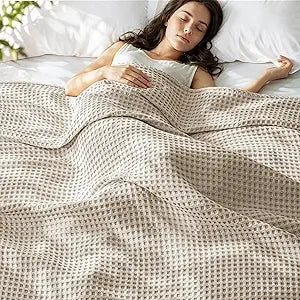 Exclusivo Mezcla Pre-Washed 100% Cotton Waffle Blanket King Size for Bed, 330GSM Lightweight Breathable Summer Blankets, Soft and Cozy, Home Decor, Khaki, 104x90 Inches