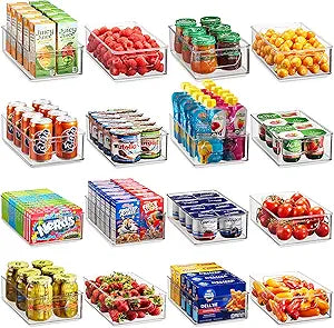 Munfix Set Of 16 Refrigerator Organizer Bins - Plastic Pantry Organization and Storage Baskets - Stackable Food Fridge Organizers with Cutout Handles for Freezer, Kitchen, Countertops, Cabinets