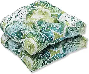 Pillow Perfect Botanical Indoor/Outdoor Tufted Wicker Seat Cushion, 2 Count, 19" x 19", Green/Ivory Key Cove