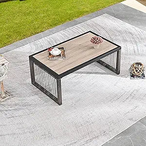 LOKATSE HOME Outdoor Coffee Table Rectangle Dining Furniture for Balcony, Porch, Deck, Black/Brown