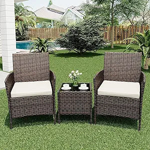 IDEALHOUSE 3-Piece Outdoor Patio Bistro Set  Brown Four-Strand Vine Rattan Wicker  2 Chairs with Soft Creamy-White Cushions & Coffee Table  for Backyard, Balcony, Porch  Brown Four-Strand Vine /