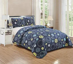 Home Collection Quilted Bedspread Universe Galaxy Solar System Navy Blue Yellow Blue For Boys/Teen New # Little Galaxy (Full)