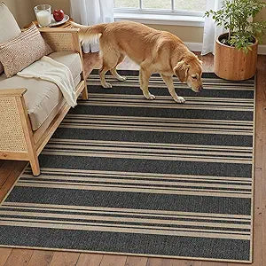 PureCozy Striped Easy Jute Rug 3x5 Black Entryway Carpet Washable Non Slip Office Door Mat Farmhouse Neutral Non Shedding Small Indoor Outdoor Rug for Bathroom Kitchen Bedroom Living Room