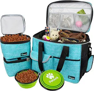 PetAmi Dog Travel Bag Organizer, Pet Travel Kit with 2 Food Containers & 2 Collapsible Dog Bowls, Pet Supplies Tote with Luggage Sleeve, Weekend Road Trip Camping Essentials, Teal Blue, Large