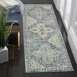 SAFAVIEH Evoke Collection Runner Rug - 2'2" x 7', Light Blue & Ivory, Boho Trellis Design, Non-Shedding & Easy Care, Ideal for High Traffic Areas in Living Room, Bedroom (EVK274C)