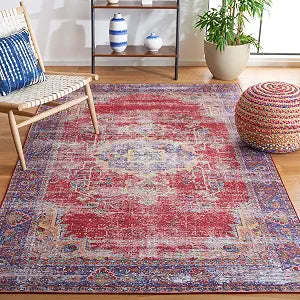 SAFAVIEH Washable Rug Tucson Collection - 3' x 5', Red & Navy, Slip Resistant & Easy to Clean, Ideal for Foyer, Entryway, Kitchen, Bedroom (TSN161Q)