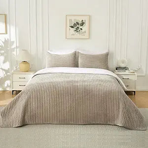 Ranunculus Breathable Velvet Quilt Set King Size, 3 Piece Soft Quilted Blanket with 2 Pillow Shams, Lightweight Striped Bed Sheet Cover Bedspreads Coverlet for All Seasons (Taupe, King)