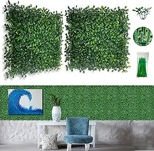 Bybeton 24 Pcs Artificial Grass Wall Panels, 10x10 Inch Fake Boxwood Greenery Backdrop, Realistic Privacy Screen for Indoor Outdoor Photo Background, Spring Decor