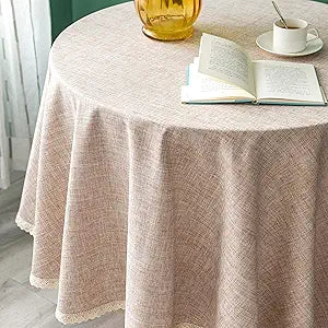 GLORY SEASON Linen Rustic Burlap Washable Tablecloth,Solid Heavy Weight 90 Inch Round Overlay Lace Edge Table Cover for Kitchen Dinning Decoration