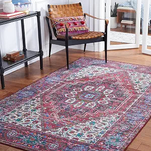 SAFAVIEH Washable Rug Tucson Collection - 4' x 6', Red & Blue, Slip Resistant & Easy to Clean, Ideal for Foyer, Kitchen, Nursery, Office, Bedroom (TSN192Q)