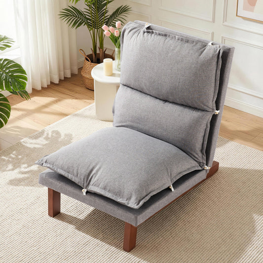 AENKYO 5-Position Adjustable Floor Lounge Chair, Gray Linen Tatami Recliner with Solid Wood Legs for Living Room